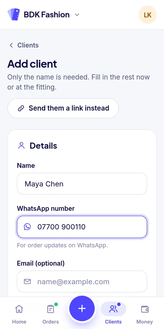 Adding a client: name and WhatsApp number