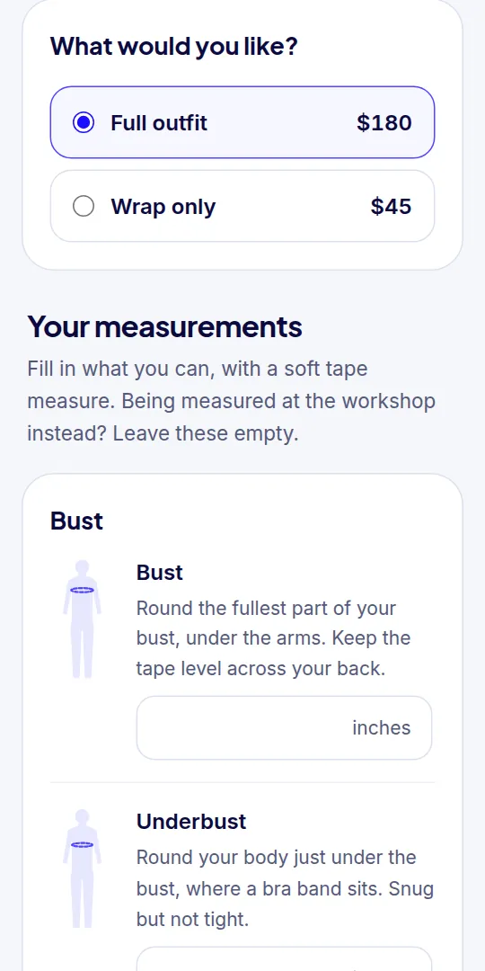 Joining: pick an option, then fill in its measurements