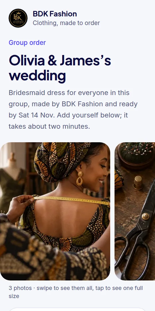 The join page: the group’s name, date and style photos