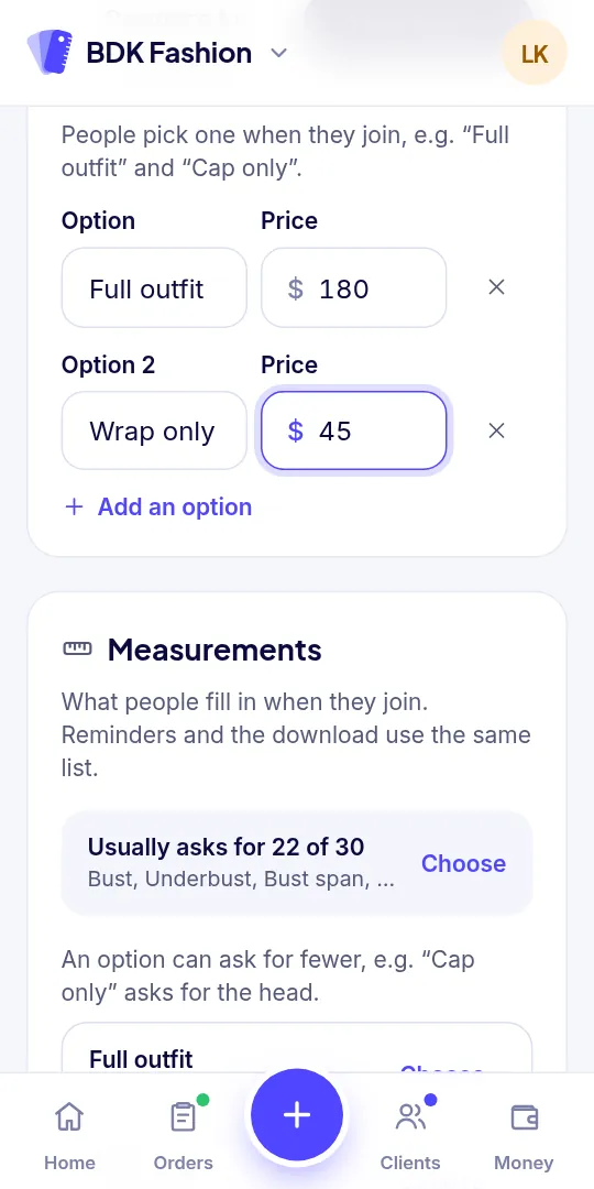 Setting up a group order: its options and the measurements each one asks for