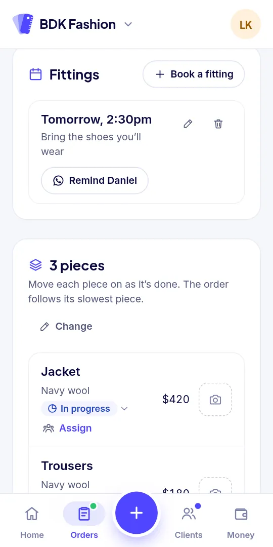 A fitting on the order, with the reminder ready to send