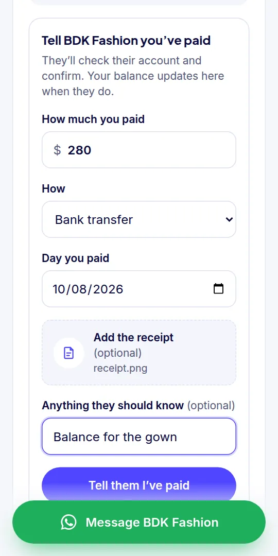 The client’s link: telling the workshop what they paid, with the receipt