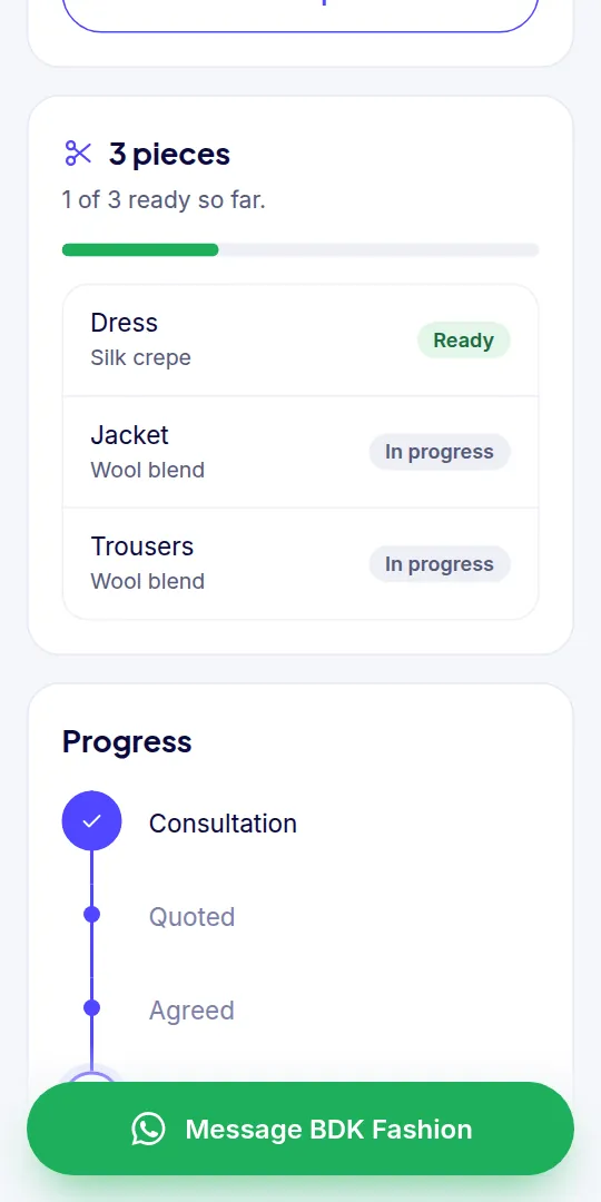 The client’s link: each piece and how many are ready