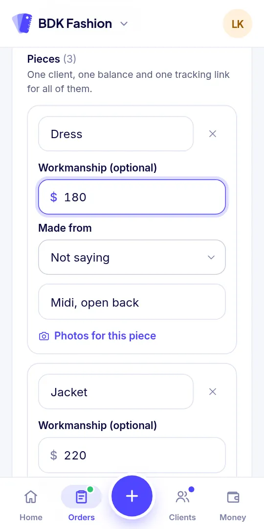 An order with its pieces: each with a price, the material it’s made from and details