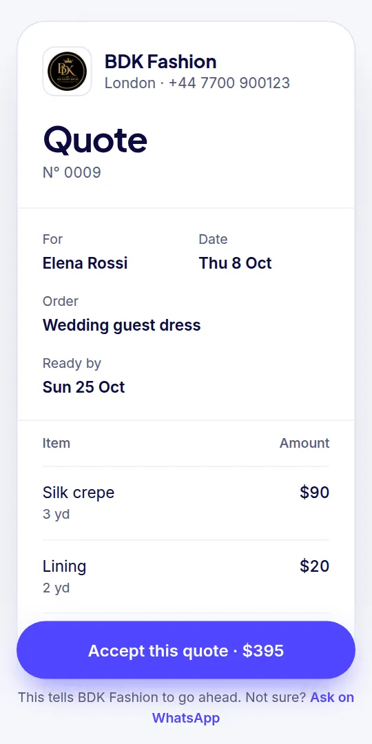 The client’s quote: each line, the total and the button to accept it