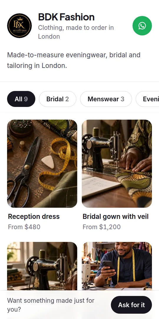 Your public page: your name, groups of work and “from” prices