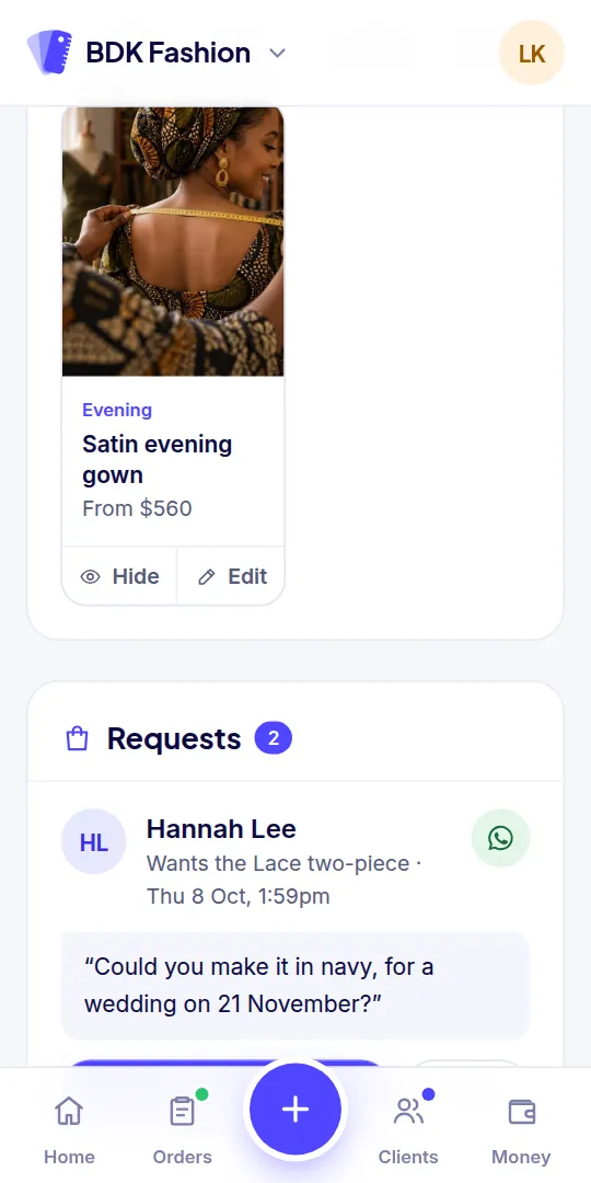The showcase in the app: each piece with its group and “from” price