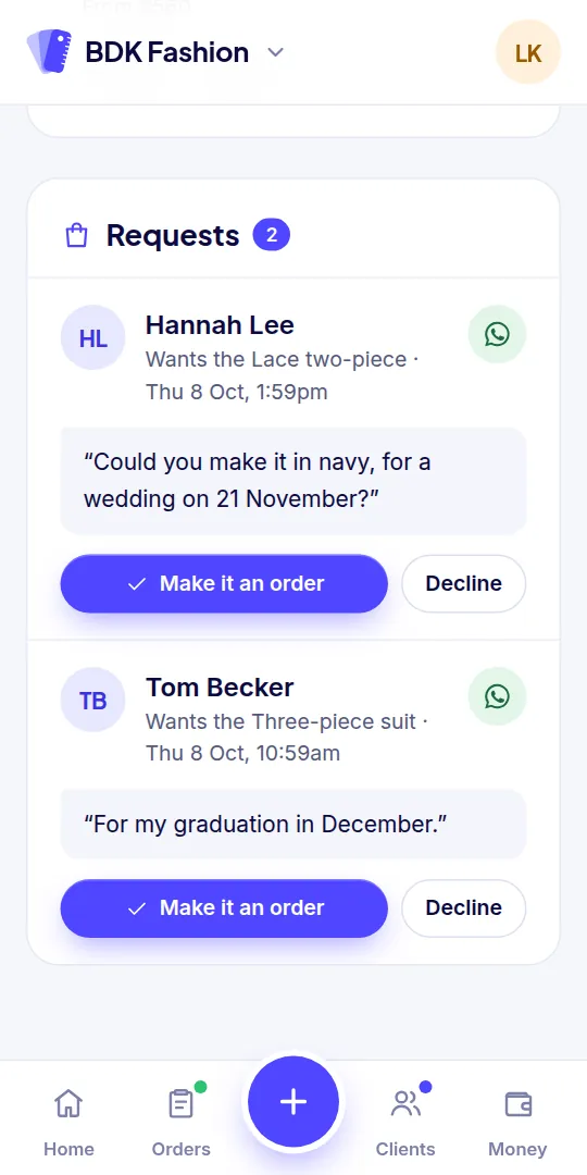 Requests from the showcase, ready to become orders