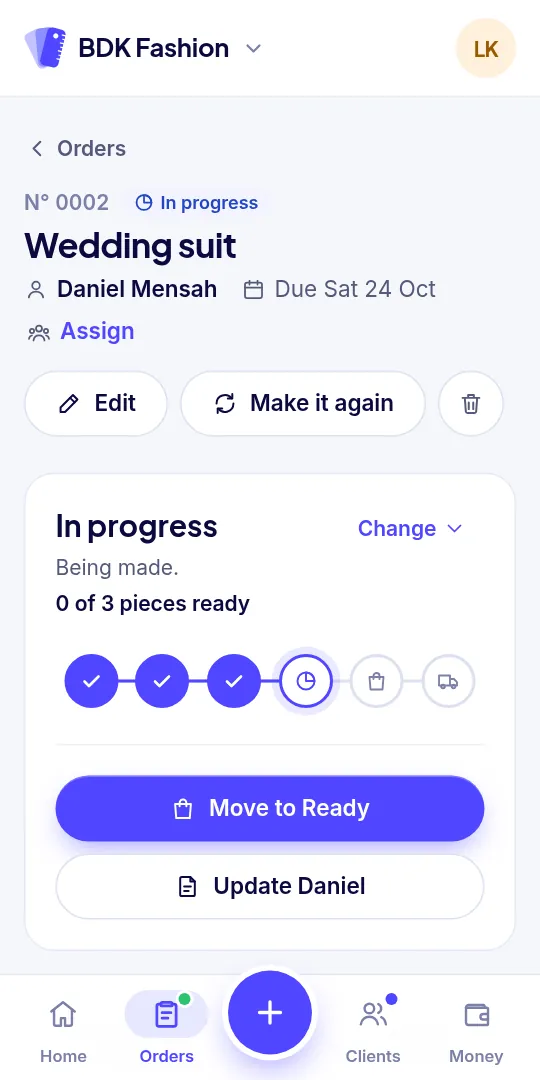 An order in progress, with the next stage and the balance to pay