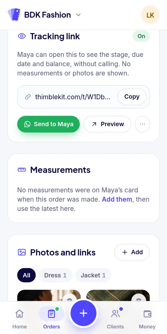 The order’s tracking link, ready to send on WhatsApp