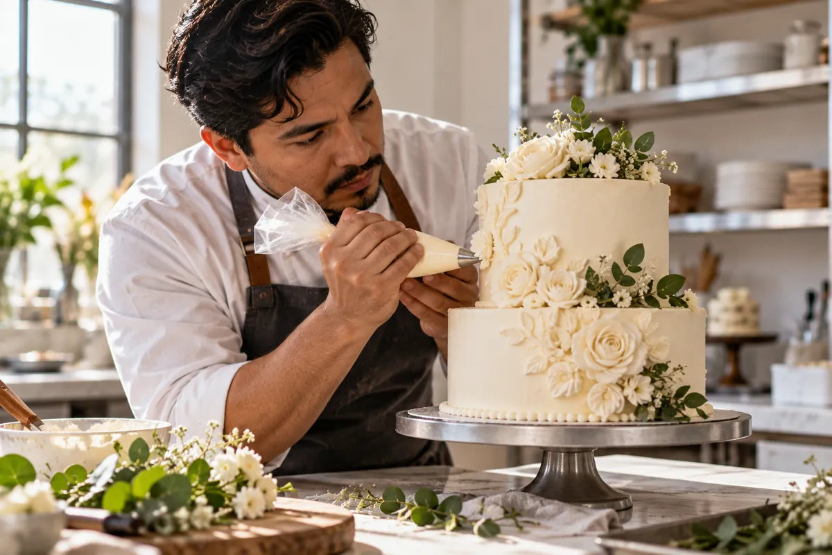 A baker piping buttercream flowers on a two-tier cake