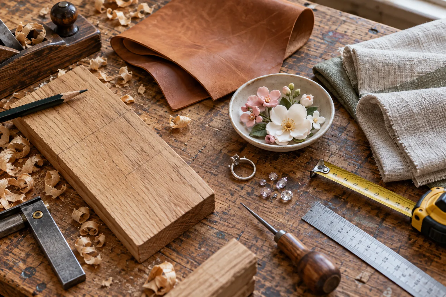 A workbench with an oak offcut, tan leather, folded linen, sugar flowers, a silver ring with loose stones and a tape measure