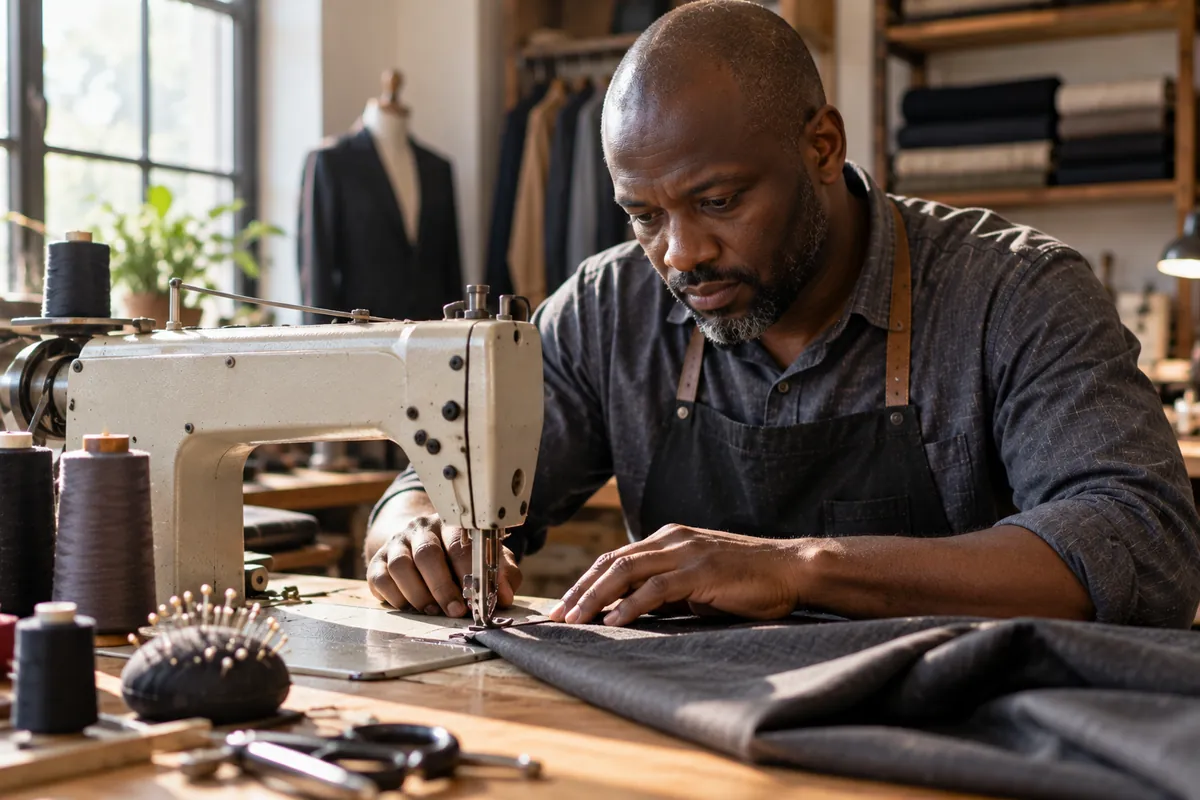 A tailor sewing charcoal wool at a sewing machine