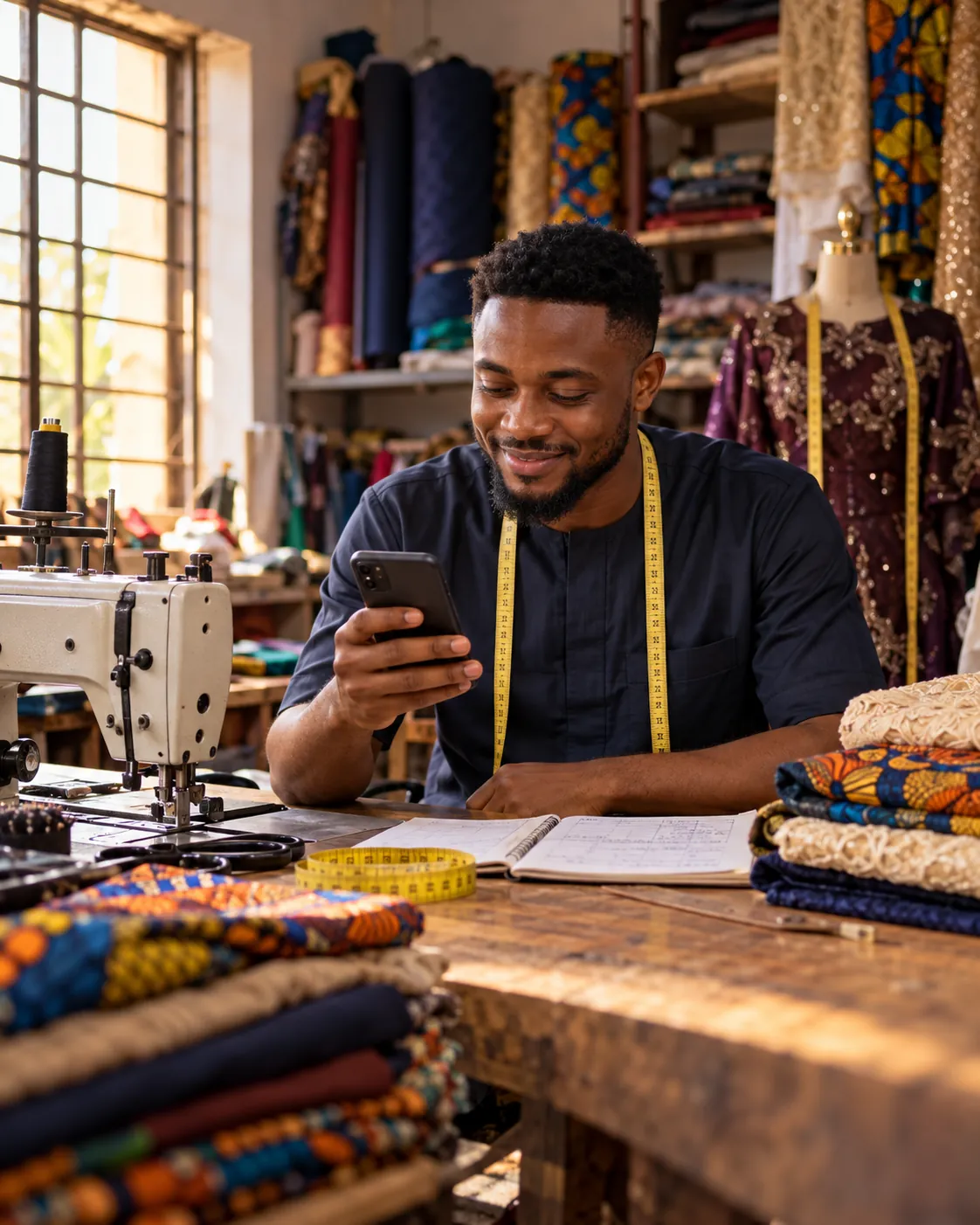 A tailor at his worktable, smiling at his phone, with fabrics and a tape measure around him